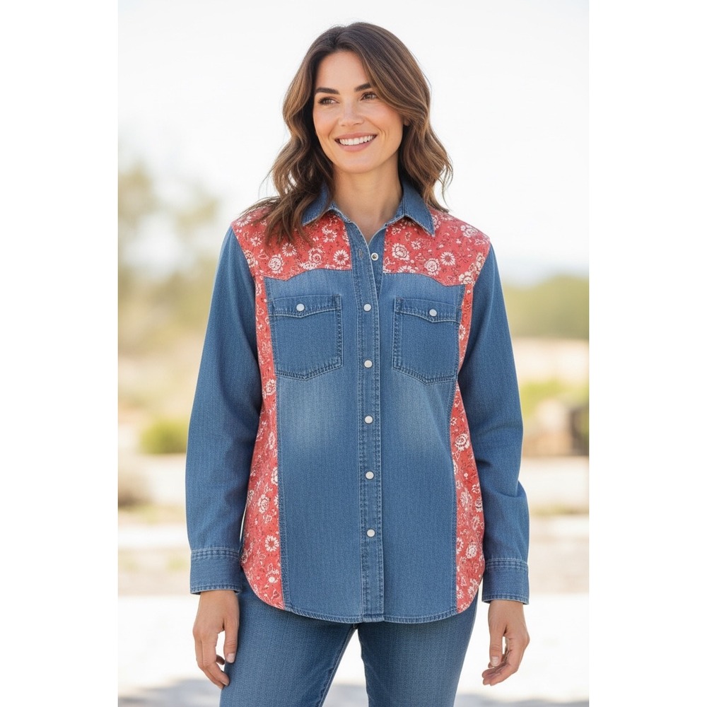 Andrews Blues VTG Denim Western Shirt Red Floral Paisley Western Boho Sz L??